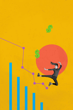 Trend composite sketch template 3D photo collage of young woman jump kick graphics dollars income money forex data charts currencyの写真素材