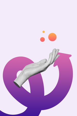 Collage of human hand showing sign analyzing financial data with rising arrows symbolizing growth...