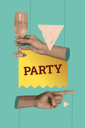 Creative artwork template sketch image 3D collage of party leisure night occasion rest hand hold cocktail glass drink alcohol celebrateの写真素材