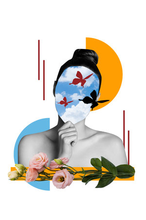 Sketch design trend 3D photo collage of surreal concept crazy modern portrait young lady hand hold sky mask face flower rose butterflyの写真素材