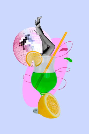 Image 3d zine vertical collage of anonym girl legs peek champagne glass wear footwear heels lemon slice disco ball celebrationの写真素材