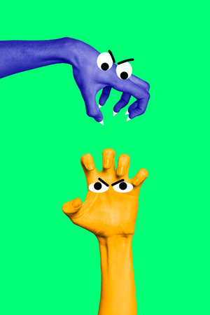Vertical image 3d banner collage of human hand show mouth gesture fight anger battle fake news propaganda concept phishingの写真素材