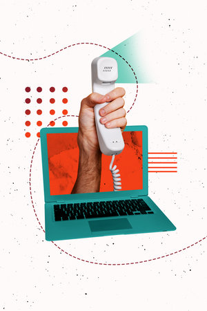 Composite sketch image design collage of hand hold landline phone call remote laptop display remote laptop device technology computerの写真素材