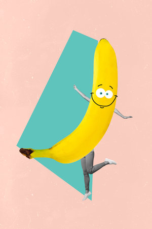 Contemporary artwork collage of anonym girl guy wear banana costume emoji eyeball mouth smiley tropical nutrition conceptの写真素材