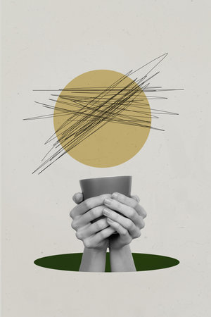 3d sketch poster creative pop trend collage of human hands hold tulip flower coffee cup laptop device book reader suppliesの写真素材