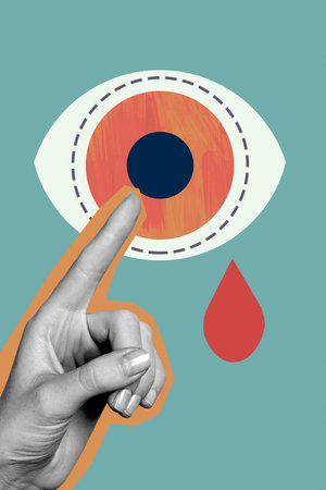 Collage of stressed person under large symbolic eye representing surveillance spying fear control tensionの写真素材