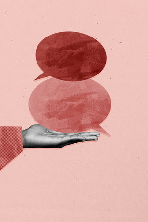 Collage of colorful speech bubbles symbolizing digital chatting modern communication internet blogging freelance workの写真素材