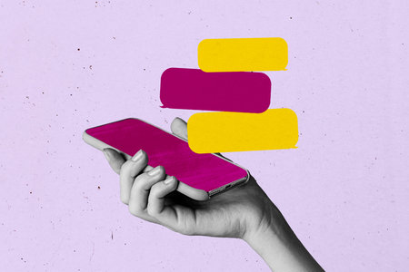 Collage of colorful speech bubbles symbolizing digital chatting modern communication internet blogging freelance workの写真素材