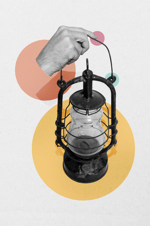 Composite artwork 3D photo collage trend of hand hold ancient retro vintage light fire oil glass old lamp flame candle equipment antiqueの写真素材