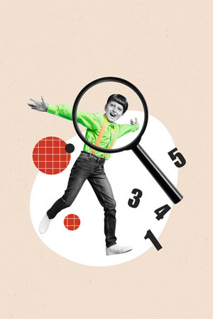 Template poster trend artwork photo collage of zoom glass research schoolboy smile walk numbers university academic autumn class classroomの写真素材