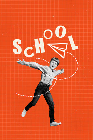 Vertical 3d poster art pop collage of happy small geek schoolboy dance school letters paper plane flight september fall seasonの写真素材