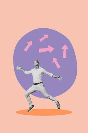 Collage of person man woman analyzing financial data with rising arrows symbolizing growth success income sale purchaseの写真素材