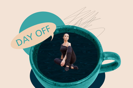 Image pop 3d zine full collage of happy girl guy swim coffee cup bubble day-off teatime pool...