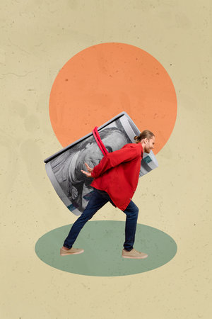 Vertical 3d pop contemporary photo collage of happy business girl guy stand dollar roll capital usd currency income profitの写真素材