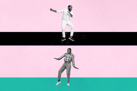 Trend image collage of people stand dance on lines road route on pink background