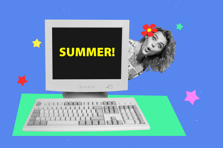 3d trendy image photo collage of astonished girl peek pc monitor screen office weekend rest summer...
