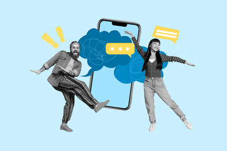 Collage of young people surrounded by digital chat windows symbolizing online communication social media virtual chattingの写真素材