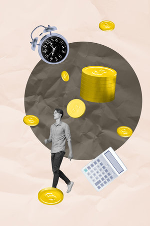 3d sketch poster trend collage image of happy businesswoman businessman receive dollar coin income...