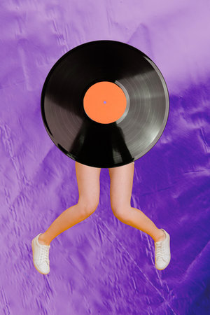 Banner contemporary photo collage of anonym girl guy instead head retro vinyl disk plate celebration...