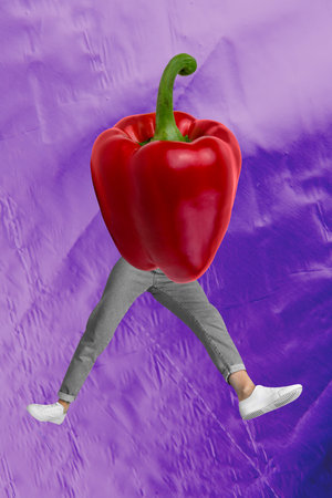Vertical photo collage of anonym female male legs instead body red pepper sweet paprika diet grocery...