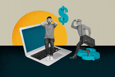 Trendy art creative full zine photo collage of happy girl guy business partners stand laptop device dollar income currencyの写真素材