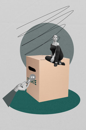 Poster photo vertical collage of happy businessman businesswoman volunteer hold donation box charity money savings sharingの写真素材