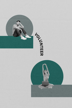 Art image vertical photo collage of two happy girls guys stand volunteer support ukraine help people charity donation conceptの写真素材
