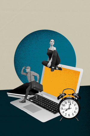 Sketch vertical photo collage of happy business partners girl guy stand laptop device freelancer...