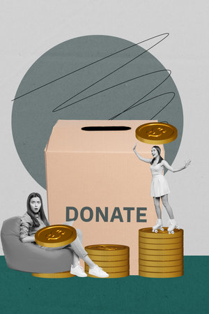 Vertical image art collage of happy girl guy stand donation box charity support dollar coin income money profit business partnersの写真素材