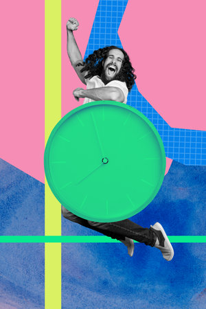 Vertical zine art pop image collage of happy business girl guy stand deadline clock expire limit...