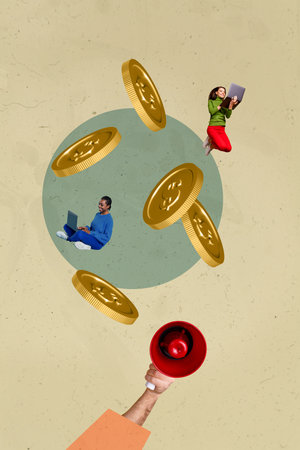 Banner pop contemporary photo collage of happy business partners girl guy stand dollar coin capital...