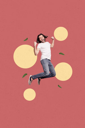 Trend creative collage of person levitate win on red color background with round shapesの写真素材