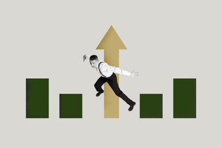 Image pop 3d zine full collage of happy businessman businesswoman stand arrow development career chance promotion employeeの写真素材