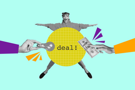 Exclusive artwork banner creative collage of happy businesswoman businessman stand hands hold light bulb dollar income capitalの写真素材