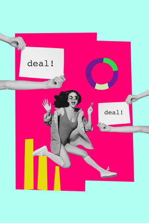 Banner image vertical pop art collage of happy businessman businesswoman stand chart progress deal hands diagram successの写真素材