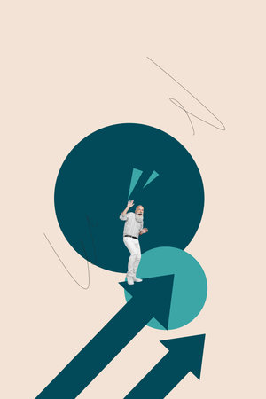 Sketch design 3d image collage of happy businessman businesswoman stand arrow development career chance promotion employeeの写真素材