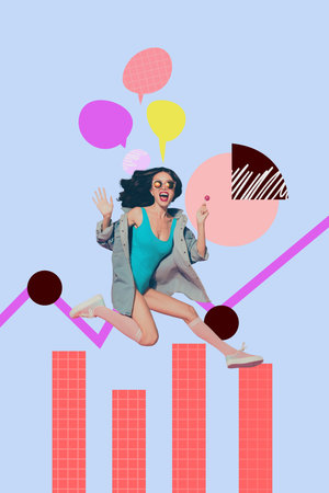 Trendy artwork banner collage of happy businessman businesswoman stand chart development diagram...