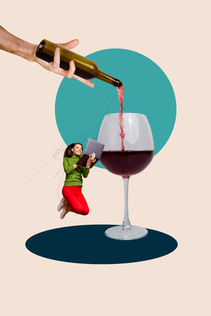 Vertical image 3d artwork photo collage of happy girl guy stand hand pour wine alcohol beverage bar celebration holiday eventの写真素材