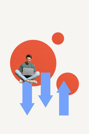 Collage of person man woman analyzing financial data with rising arrows symbolizing growth success...