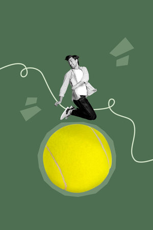 Poster picture collage of person stand jump tennis ball on khaki color backgroundの写真素材