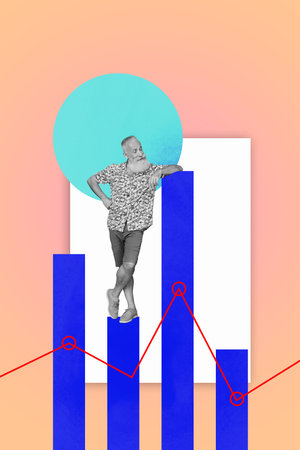 Collage Featuring Excited Business person With Business Chart Pie Graph Analyzing Data Statistics Conceptの写真素材
