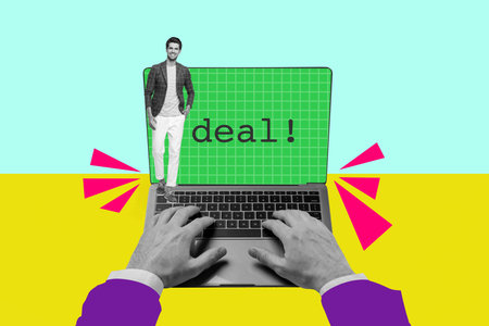 Creative full art collage of hands type laptop development deal happy businessman businesswoman career promotion successの写真素材