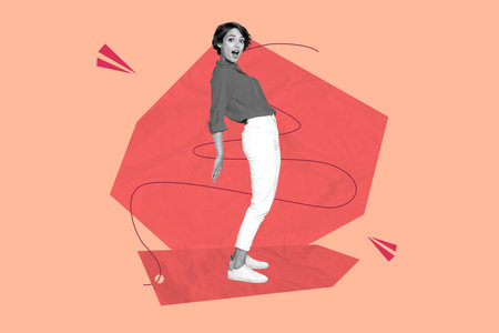 Poster creative collage of person hold hands air fly on geometry shapeの写真素材