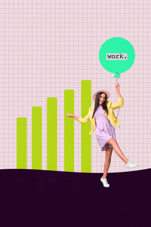 Creative poster collage of person dance hold air balloon work with graphs on pink backgroundの写真素材