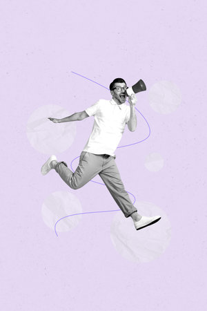 Mockup collage of person stand scream bullhorn on purple background with image circle shapeの写真素材