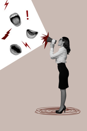 Sketch 3d zine vertical collage of angry girl scream megaphone mouth grimace society problem tension demonstration conceptの写真素材