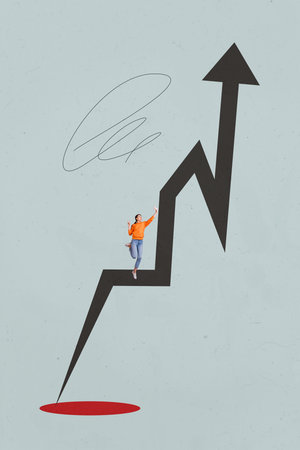 Financial Business Success Collage Showing Happy person With Upward Arrow Symbolizing Money Trading Growth Statsの写真素材
