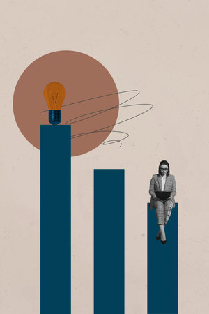 Image vertical artwork collage of happy businesswoman businessman stand chart light bulb idea finding progress statisticsの写真素材