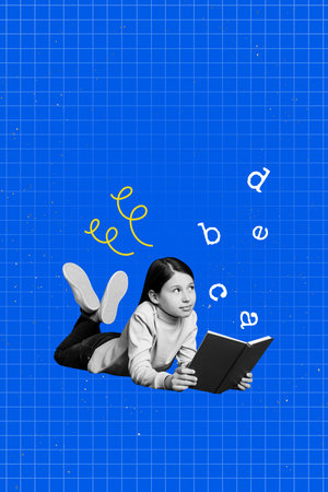 Banner 3d poster image photo collage of happy small schoolgirl hold book letters glossary education back to school literatureの写真素材