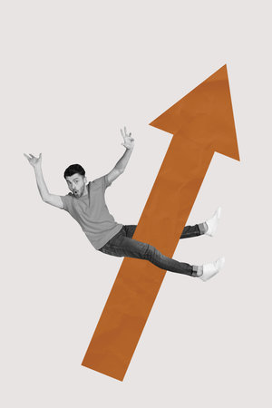 Banner sketch poster art collage of astonished businessman sit arrow development career chance growth success opportunityの写真素材